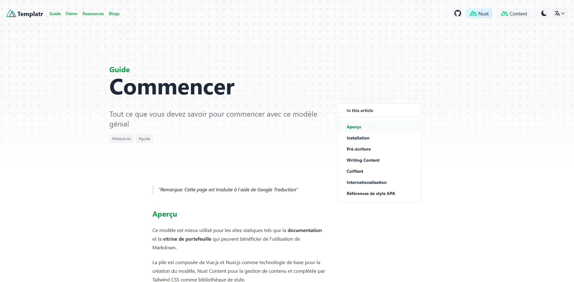 Example article page in French